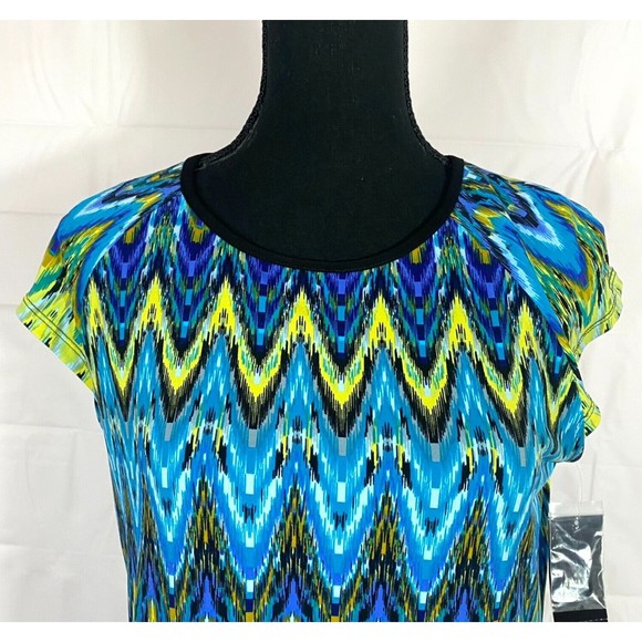 Ronni Nicole Blue/Green/Yellow Geometric Print Cap Sleeve Sheath Dress Size 6 - Picture 3 of 12